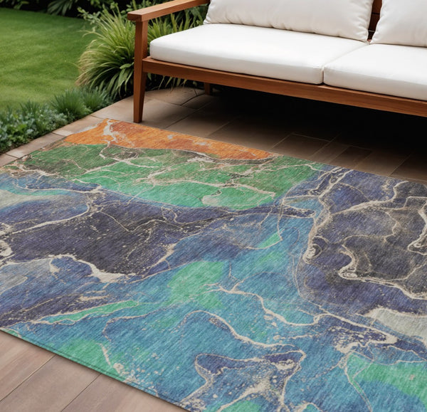 HomeRoots 9' Washable Abstract Area Rug - Vibrant Blue, Green & Orange, Durable for Indoor/Outdoor Spaces 620825