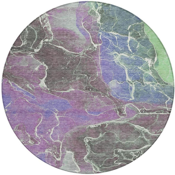 HomeRoots 8' Round Abstract Area Rug in Purple, Gray & Mint Green - Stylish, Washable for Indoor & Outdoor Use! 620835