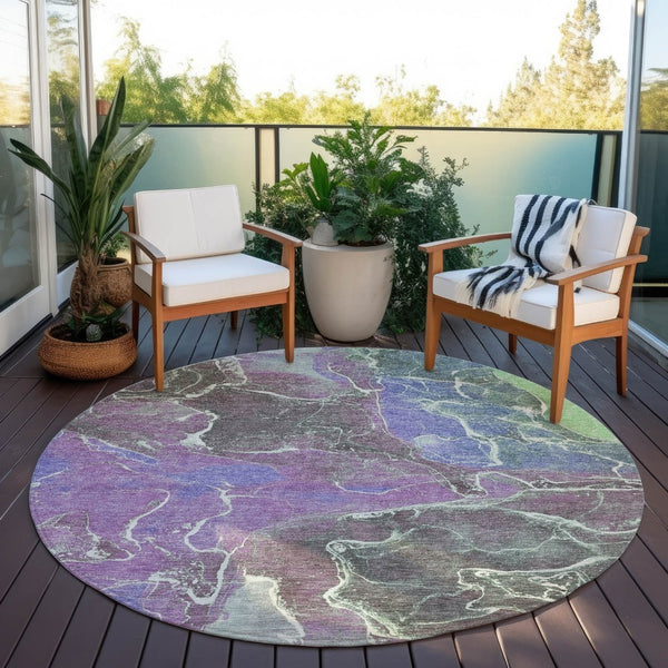HomeRoots 8' Round Abstract Area Rug in Purple, Gray & Mint Green - Stylish, Washable for Indoor & Outdoor Use! 620835