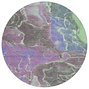 HomeRoots 8' Round Abstract Area Rug in Purple, Gray & Mint Green - Stylish, Washable for Indoor & Outdoor Use! 620835