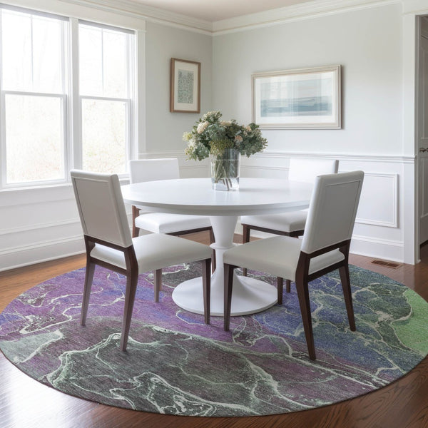 HomeRoots 8' Round Abstract Area Rug in Purple, Gray & Mint Green - Stylish, Washable for Indoor & Outdoor Use! 620835