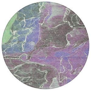 HomeRoots 8' Round Abstract Area Rug in Purple, Gray & Mint Green - Stylish, Washable for Indoor & Outdoor Use! 620835