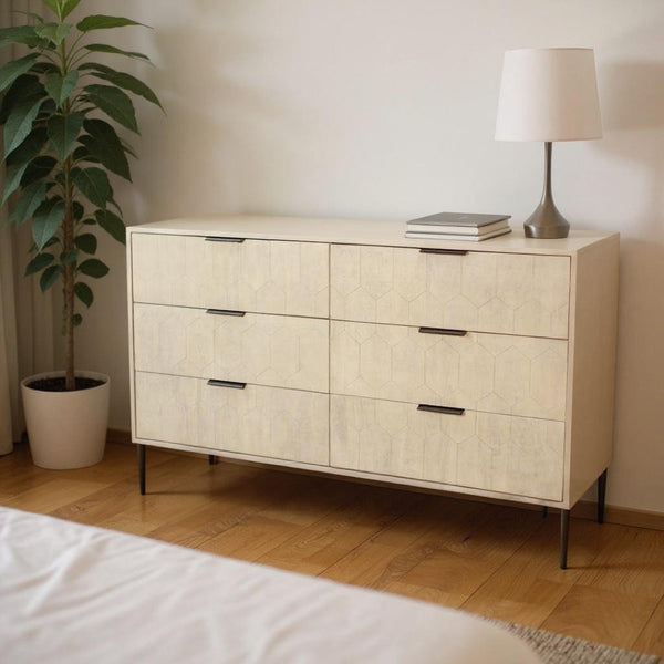 HomeRoots 56" Natural Solid Wood Six Drawer Dresser - Timeless Style, Ample Storage, and Modern Metal Accents 620849