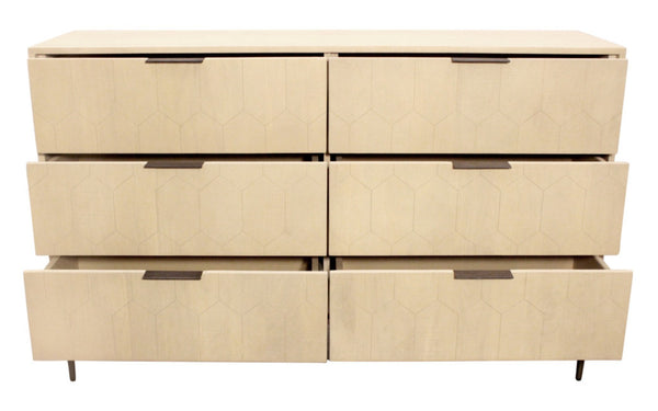 HomeRoots 56" Natural Solid Wood Six Drawer Dresser - Timeless Style, Ample Storage, and Modern Metal Accents 620849