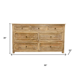 HomeRoots 68" Solid Mango Wood Seven Drawer Dresser - Spacious Storage, Modern Metal Handles & Natural Finish 620851