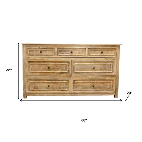 HomeRoots 68" Solid Mango Wood Seven Drawer Dresser - Spacious Storage, Modern Metal Handles & Natural Finish 620851