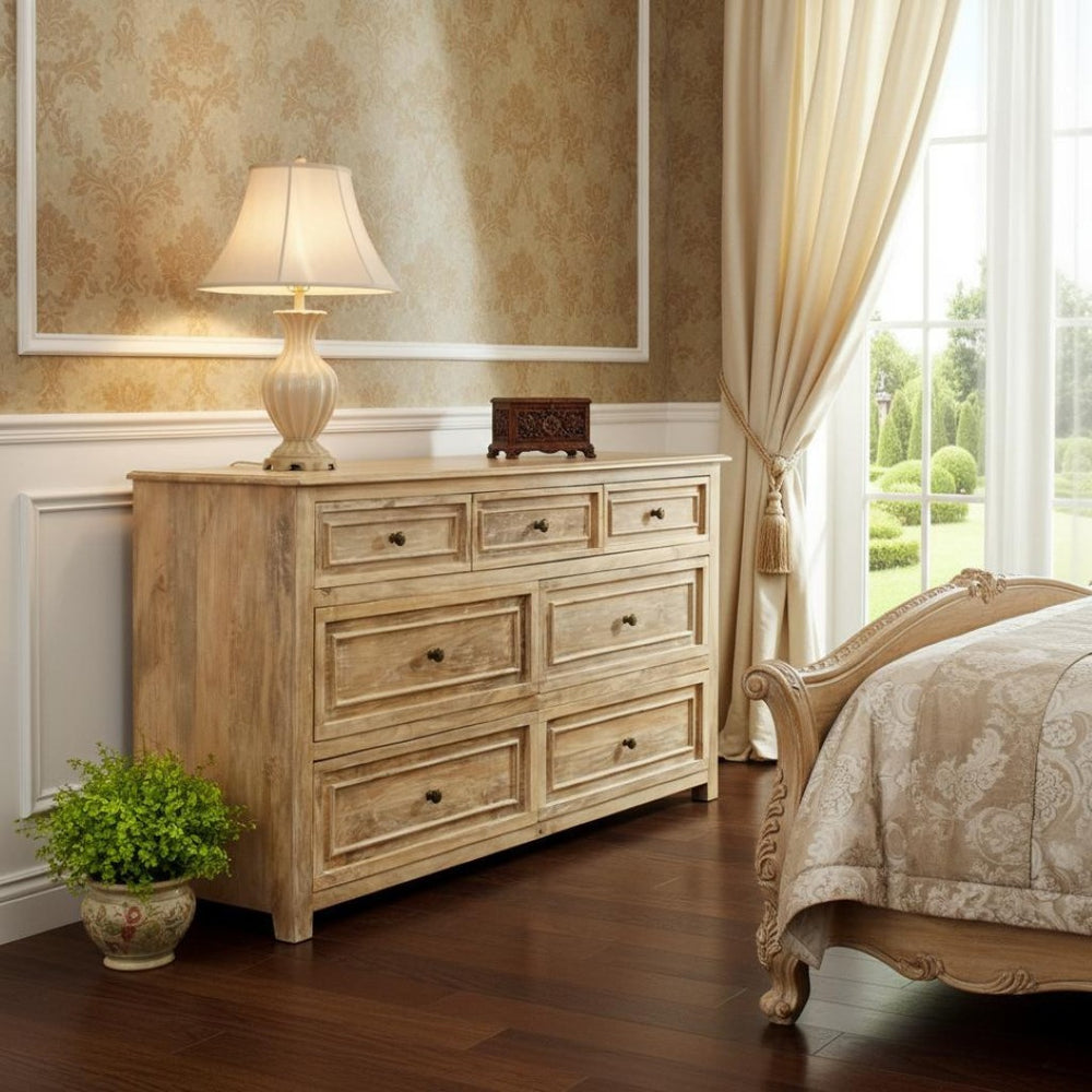 HomeRoots 68" Solid Mango Wood Seven Drawer Dresser - Spacious Storage, Modern Metal Handles & Natural Finish 620851