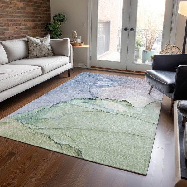 HomeRoots 5' X 8' Artichoke Green & Lavender Abstract Area Rug – Stylish, Washable, Indoor/Outdoor, Durable Design 620853