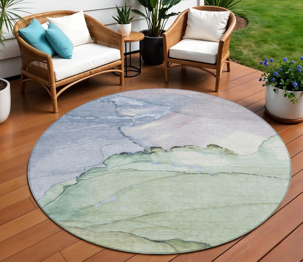 HomeRoots 8' Round Abstract Rug in Artichoke Green & Lavender - Washable, Durable, Indoor/Outdoor Style! 620854