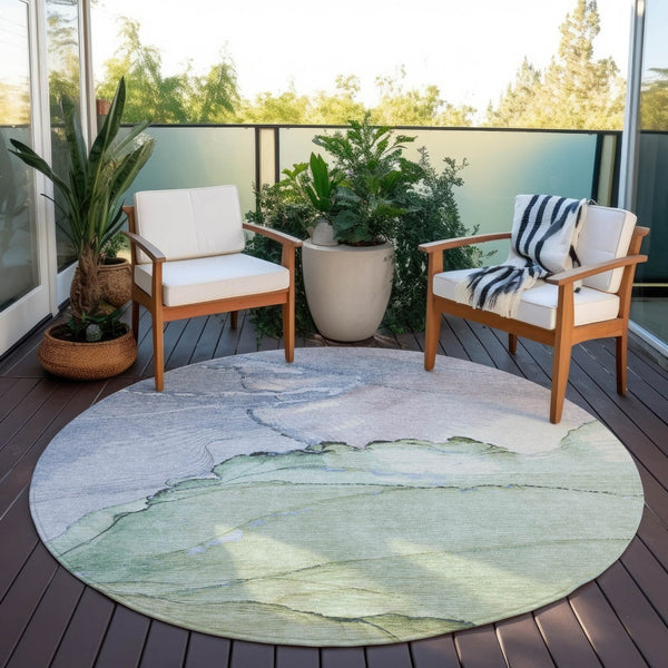 HomeRoots 8' Round Abstract Rug in Artichoke Green & Lavender - Washable, Durable, Indoor/Outdoor Style! 620854