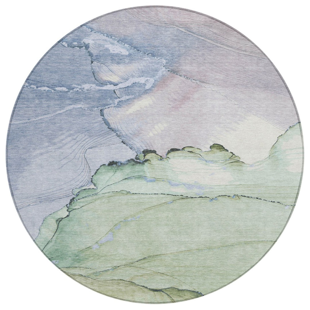 HomeRoots 8' Round Abstract Rug in Artichoke Green & Lavender - Washable, Durable, Indoor/Outdoor Style! 620854
