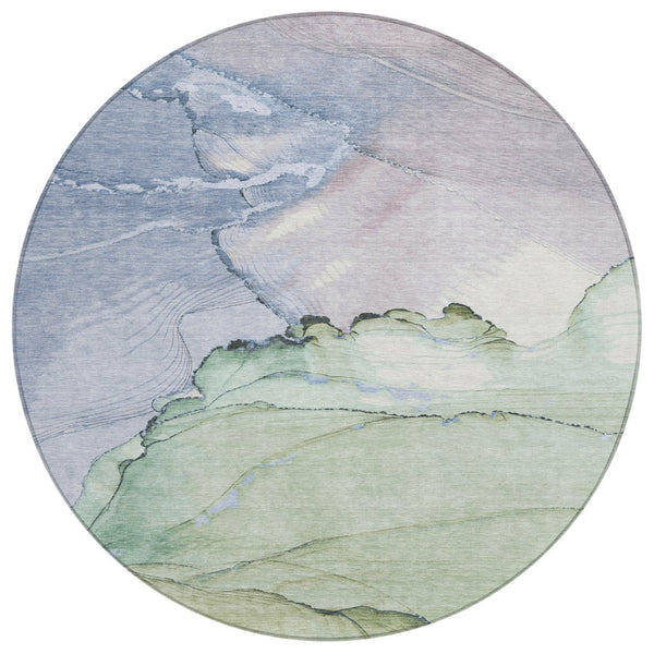 HomeRoots 8' Round Abstract Rug in Artichoke Green & Lavender - Washable, Durable, Indoor/Outdoor Style! 620854