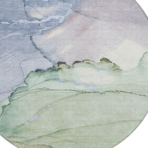 HomeRoots 8' Round Abstract Rug in Artichoke Green & Lavender - Washable, Durable, Indoor/Outdoor Style! 620854
