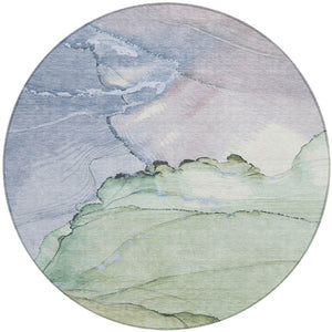HomeRoots 8' Round Abstract Rug in Artichoke Green & Lavender - Washable, Durable, Indoor/Outdoor Style! 620854