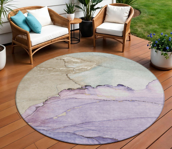 HomeRoots 8' Lavender and Beige Round Abstract Rug - Washable, Durable, Ideal for Indoor/Outdoor Spaces! 620860