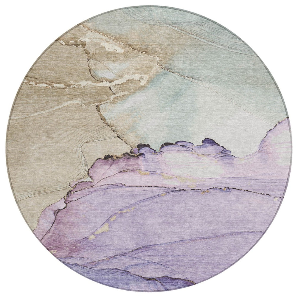 HomeRoots 8' Lavender and Beige Round Abstract Rug - Washable, Durable, Ideal for Indoor/Outdoor Spaces! 620860