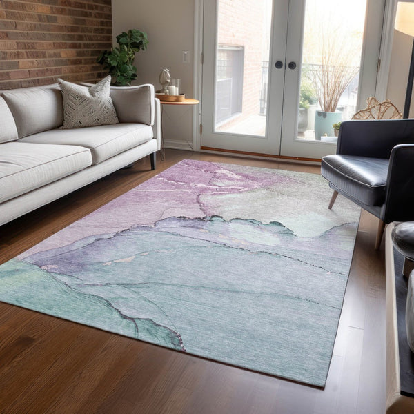 HomeRoots 5' Premium Pale Aqua and Lavender Abstract Washable Area Rug - Durable for Indoor and Outdoor Use! 620865