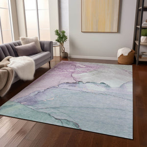 HomeRoots 5' Premium Pale Aqua and Lavender Abstract Washable Area Rug - Durable for Indoor and Outdoor Use! 620865