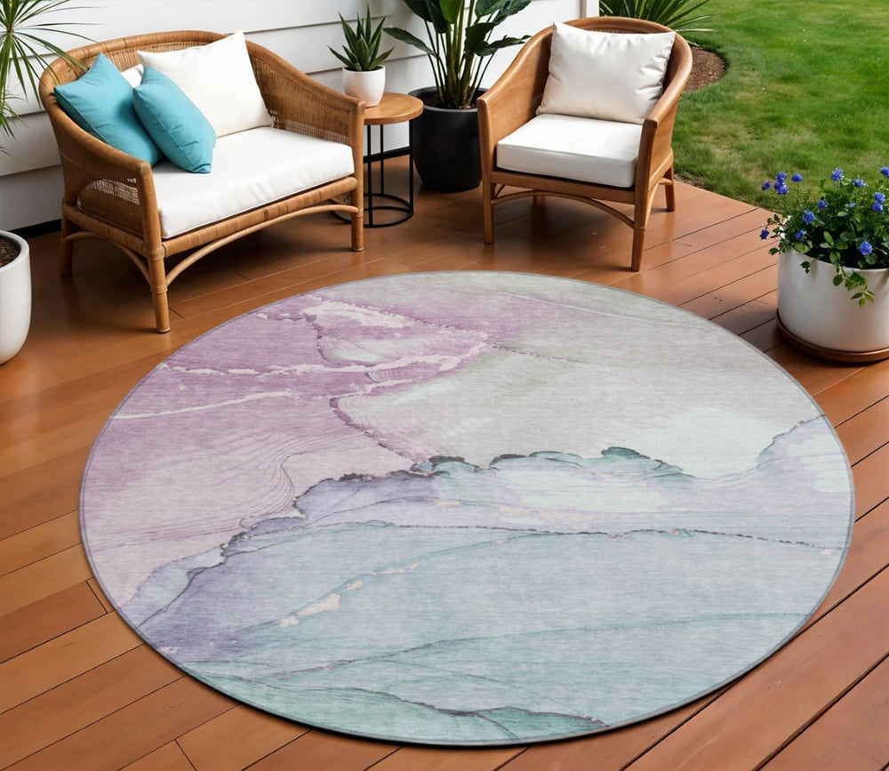 HomeRoots 8' Pale Aqua & Lavender Round Area Rug – Modern, Washable, Durable, Stain-Resistant for Indoor/Outdoor Use 620866