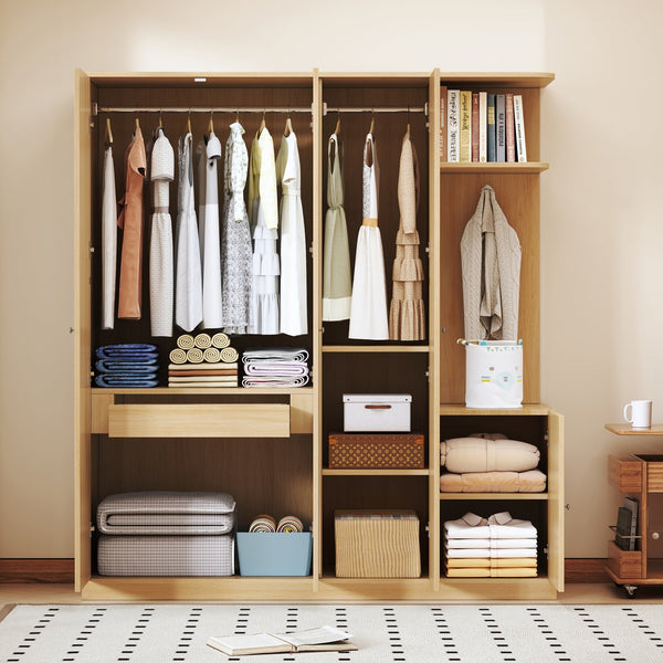 English Elm 4-Door Wardrobe with Full-Length Mirror, Dust-Proof Compartments, Shoe Door & Anti-Tip Safety Features Natural N820S00056N