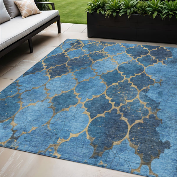 HomeRoots 5' Blue and Gold Damask Area Rug - Washable, Durable, Versatile for Indoor and Outdoor Spaces 620871