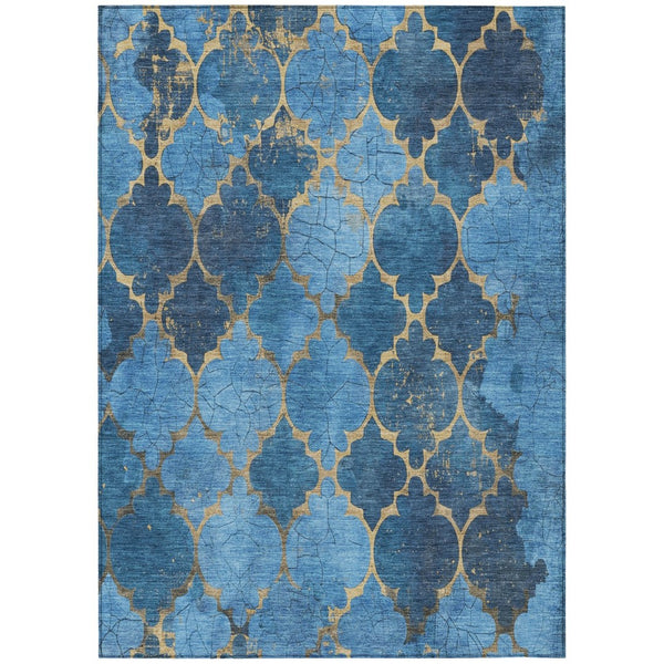 HomeRoots 5' Blue and Gold Damask Area Rug - Washable, Durable, Versatile for Indoor and Outdoor Spaces 620871