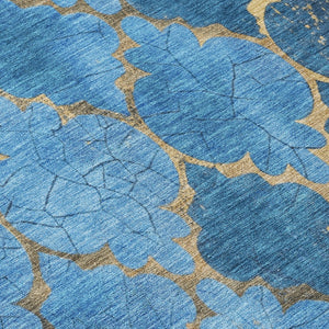 HomeRoots 5' Blue and Gold Damask Area Rug - Washable, Durable, Versatile for Indoor and Outdoor Spaces 620871