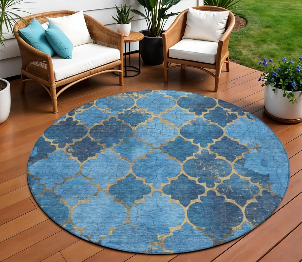 HomeRoots 8' Blue and Gold Round Damask Rug - Elegant, Washable Design for Indoor & Outdoor Spaces, Durable & Stylish 620872