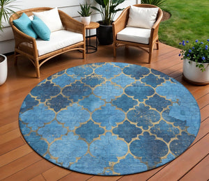 HomeRoots 8' Blue and Gold Round Damask Rug - Elegant, Washable Design for Indoor & Outdoor Spaces, Durable & Stylish 620872
