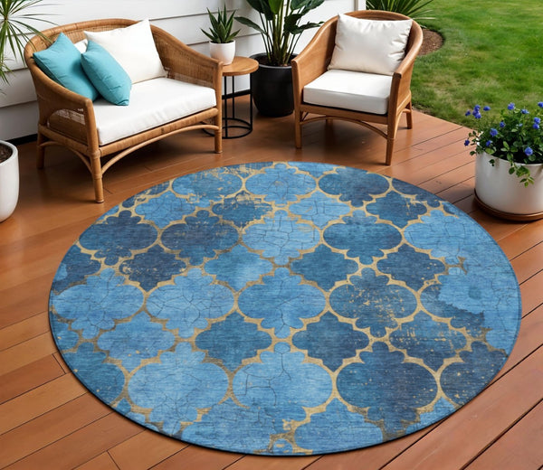 HomeRoots 8' Blue and Gold Round Damask Rug - Elegant, Washable Design for Indoor & Outdoor Spaces, Durable & Stylish 620872