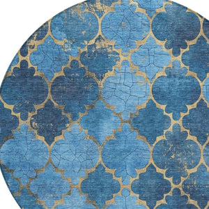 HomeRoots 8' Blue and Gold Round Damask Rug - Elegant, Washable Design for Indoor & Outdoor Spaces, Durable & Stylish 620872