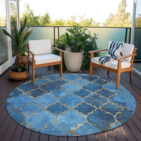 HomeRoots 8' Blue and Gold Round Damask Rug - Elegant, Washable Design for Indoor & Outdoor Spaces, Durable & Stylish 620872