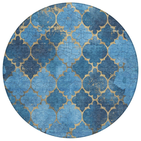 HomeRoots 8' Blue and Gold Round Damask Rug - Elegant, Washable Design for Indoor & Outdoor Spaces, Durable & Stylish 620872