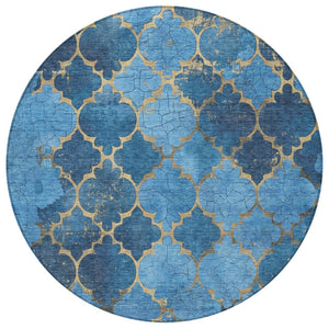 HomeRoots 8' Blue and Gold Round Damask Rug - Elegant, Washable Design for Indoor & Outdoor Spaces, Durable & Stylish 620872
