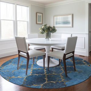 HomeRoots 8' Blue and Gold Round Damask Rug - Elegant, Washable Design for Indoor & Outdoor Spaces, Durable & Stylish 620872