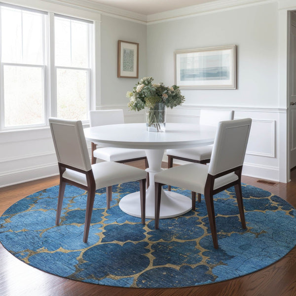 HomeRoots 8' Blue and Gold Round Damask Rug - Elegant, Washable Design for Indoor & Outdoor Spaces, Durable & Stylish 620872
