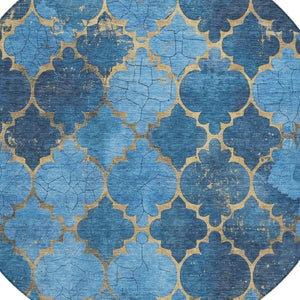 HomeRoots 8' Blue and Gold Round Damask Rug - Elegant, Washable Design for Indoor & Outdoor Spaces, Durable & Stylish 620872
