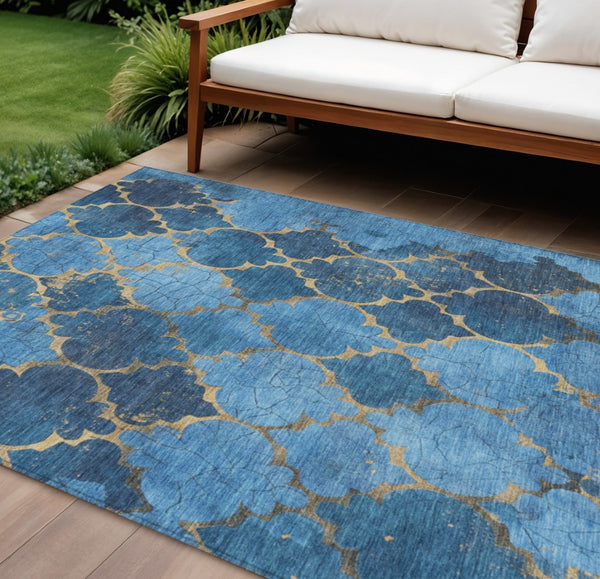 HomeRoots 8' Blue and Gold Damask Area Rug - Stylish, Washable, and Durable for Indoor or Outdoor Spaces 620873