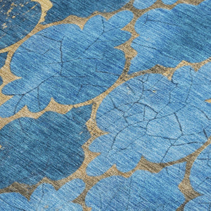 HomeRoots 8' Blue and Gold Damask Area Rug - Stylish, Washable, and Durable for Indoor or Outdoor Spaces 620873