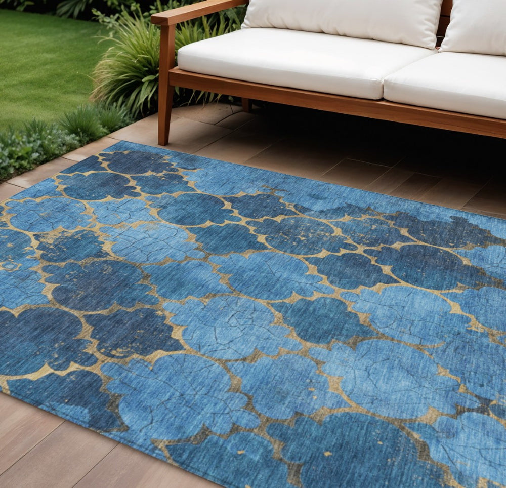 HomeRoots 9' X 12' Blue and Gold Damask Washable Area Rug – Elegant, Durable for Indoor & Outdoor Spaces! 620874