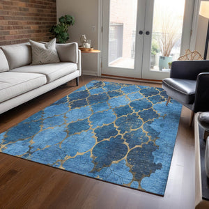 HomeRoots 9' X 12' Blue and Gold Damask Washable Area Rug – Elegant, Durable for Indoor & Outdoor Spaces! 620874