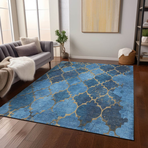 HomeRoots 9' X 12' Blue and Gold Damask Washable Area Rug – Elegant, Durable for Indoor & Outdoor Spaces! 620874