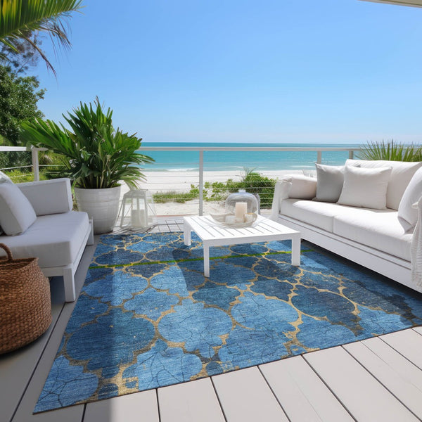 HomeRoots 9' X 12' Blue and Gold Damask Washable Area Rug – Elegant, Durable for Indoor & Outdoor Spaces! 620874