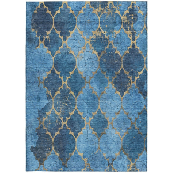 HomeRoots 10' Blue and Gold Damask Washable Area Rug - Elegant, Durable Design for Indoor and Outdoor Spaces 620875