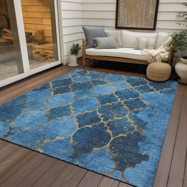 HomeRoots 10' Blue and Gold Damask Washable Area Rug - Elegant, Durable Design for Indoor and Outdoor Spaces 620875