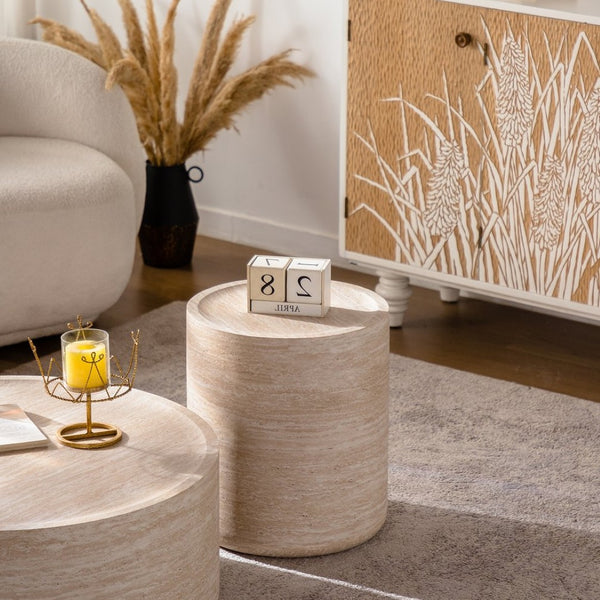 English Elm Round Amber Marble Texture Drum Side Table Compact Mdf Accent for Bedroom or Living Room W3081P255159