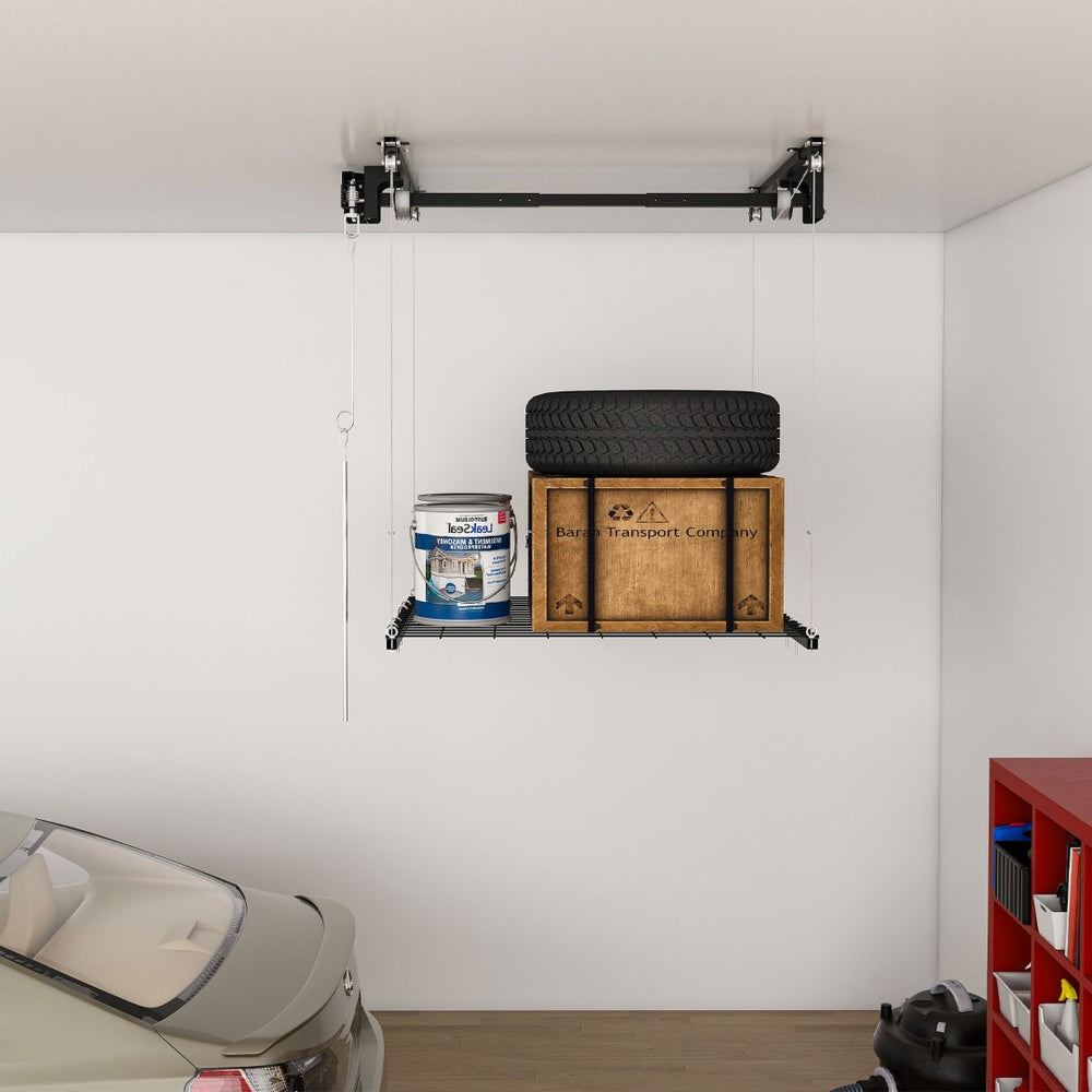 English Elm Overhead Garage Ceiling Rack All Steel Crank Down Platform 250 Lb Locking Hoist W2700P346225