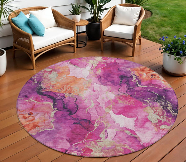 HomeRoots 8' Stunning Ruby Red & Purple Round Abstract Washable Area Rug for Indoor/Outdoor Spaces 620896