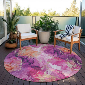HomeRoots 8' Stunning Ruby Red & Purple Round Abstract Washable Area Rug for Indoor/Outdoor Spaces 620896