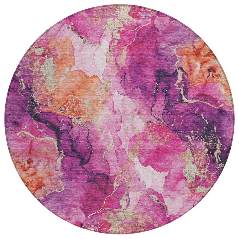 HomeRoots 8' Stunning Ruby Red & Purple Round Abstract Washable Area Rug for Indoor/Outdoor Spaces 620896